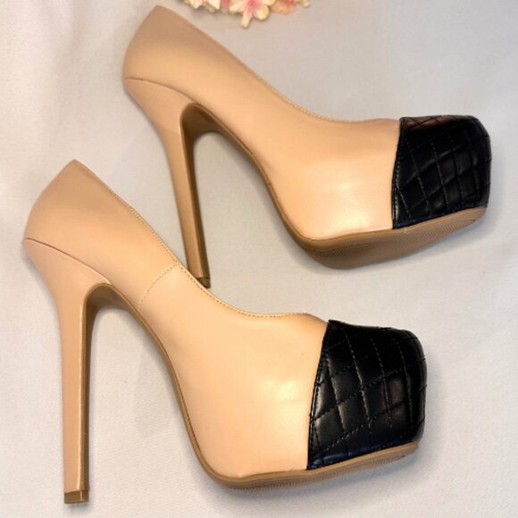 Chic Beige & Black Platform Heels - Picture 6 of 8